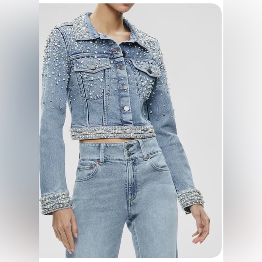 ALICE $OLIVIA ORA EMBELLISHING WIDE LEG JEAN SUIT SIZE SMALL JACKET AND PANTS 27